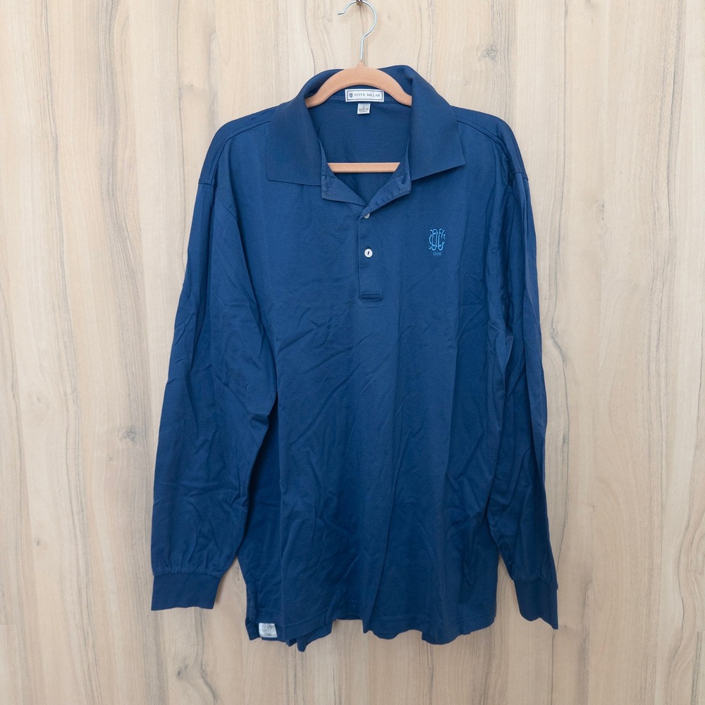 Peter Millar Men Polo Long Sleeve Shirt L Blue Embroidered Logo Old Money Preppy